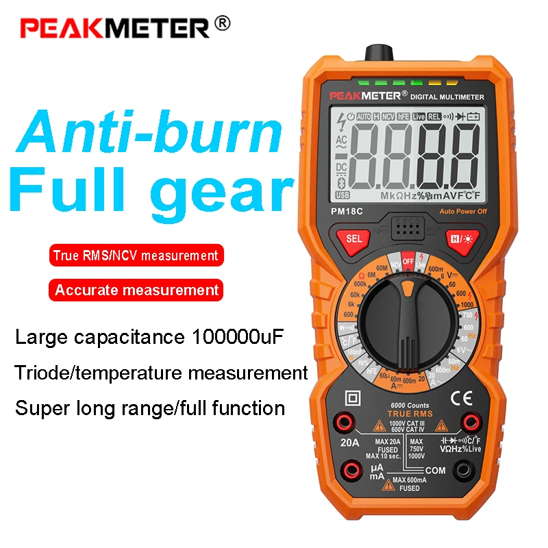 

PEAKMETER Digital Multimeter 6000 Counts Transistor Tester Meter Measuring True RMS AC/DC Voltage Resistance Capacitance