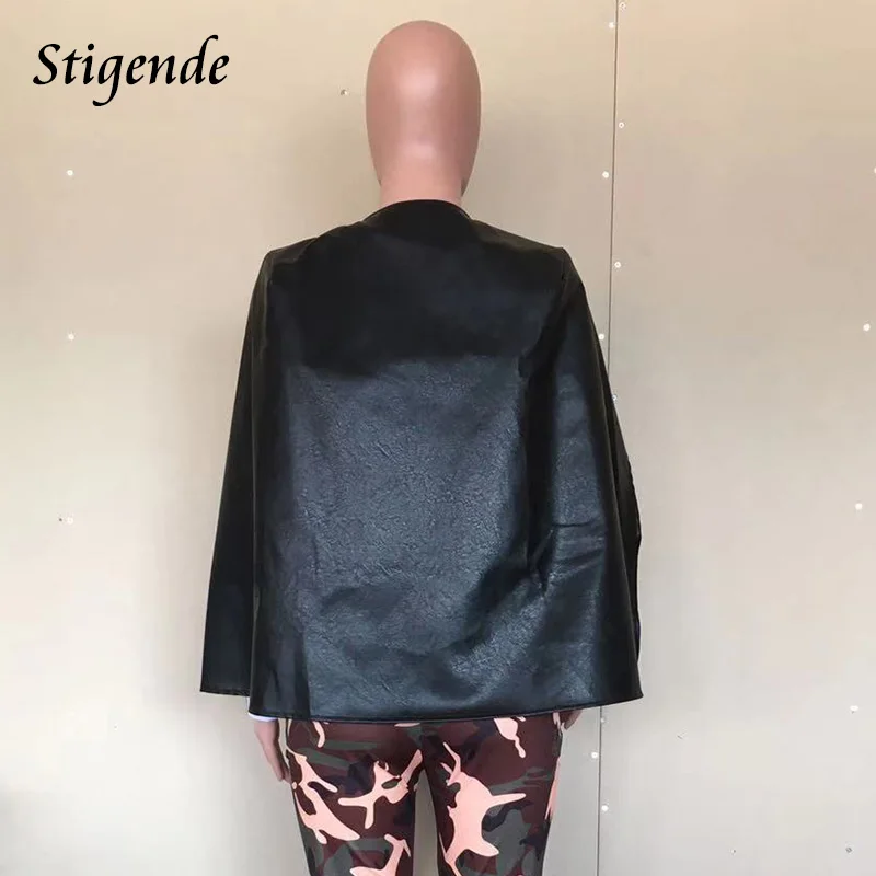 Stigende Sexy Faux Leather Black Cape Blazer Women Casual Pu Leather Blazer Jacket Autumn Elegant Long Sleeve Blazer Top