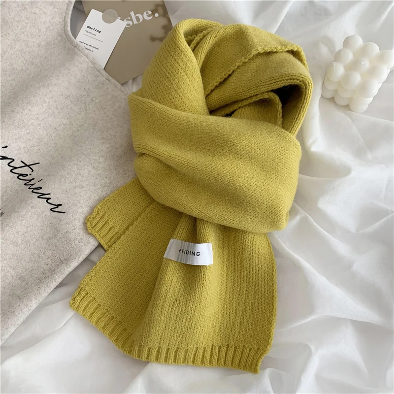 Luna&Dolphin Women Autumn Winter Solid Color Scarf Slim Neckerchief Soft Brown White Warm Knitted Woolen Ins Neck Pashmina Shawl