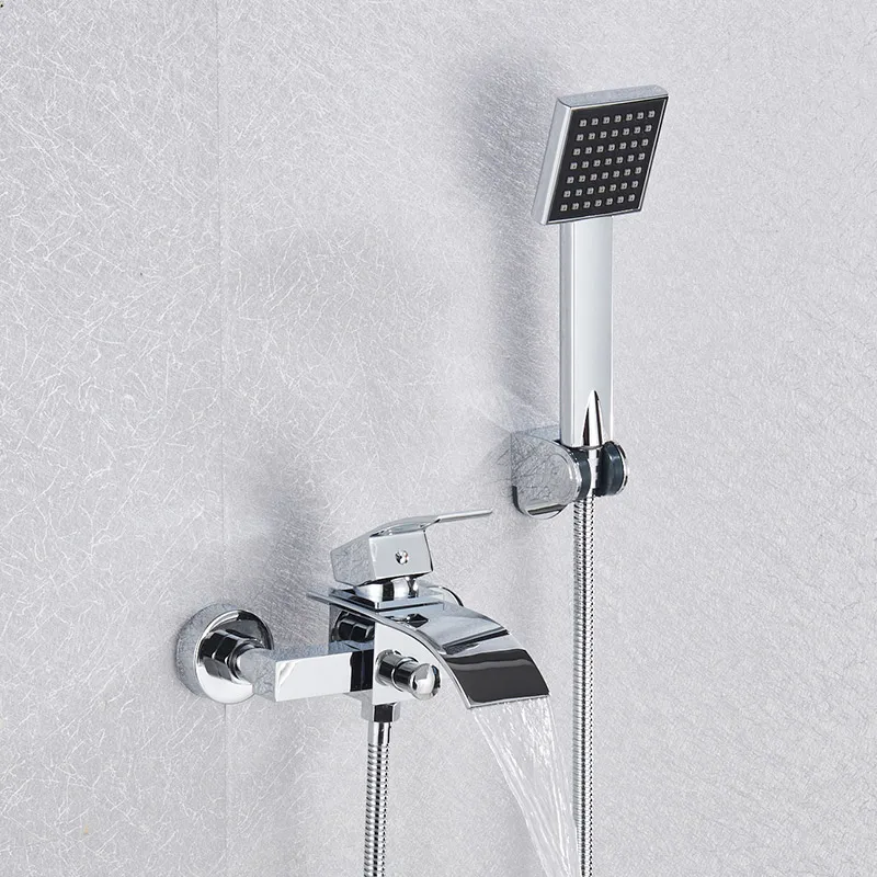 Goud Zwart Bad Kraan Waterval Douchekraan Wandmontage Warm Koud Water Mengkraan Voor Badkamer Chroom Bad Douche Set Systeem