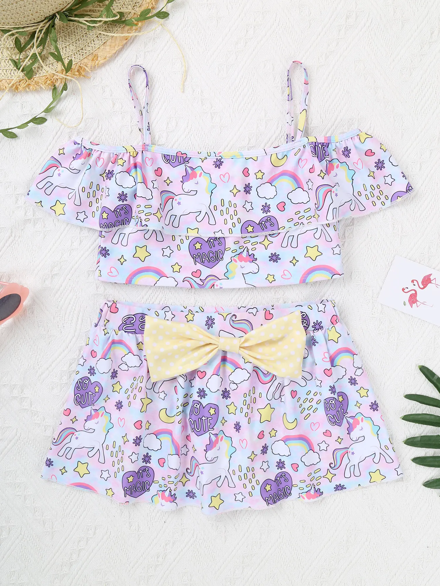 2Pcs Kid Girl Summer Cartoon Printed Swimming Suit Slash Neck Ruffle Hem Cropped Top And Bowknot Skirt With Built-In Briefs Suit