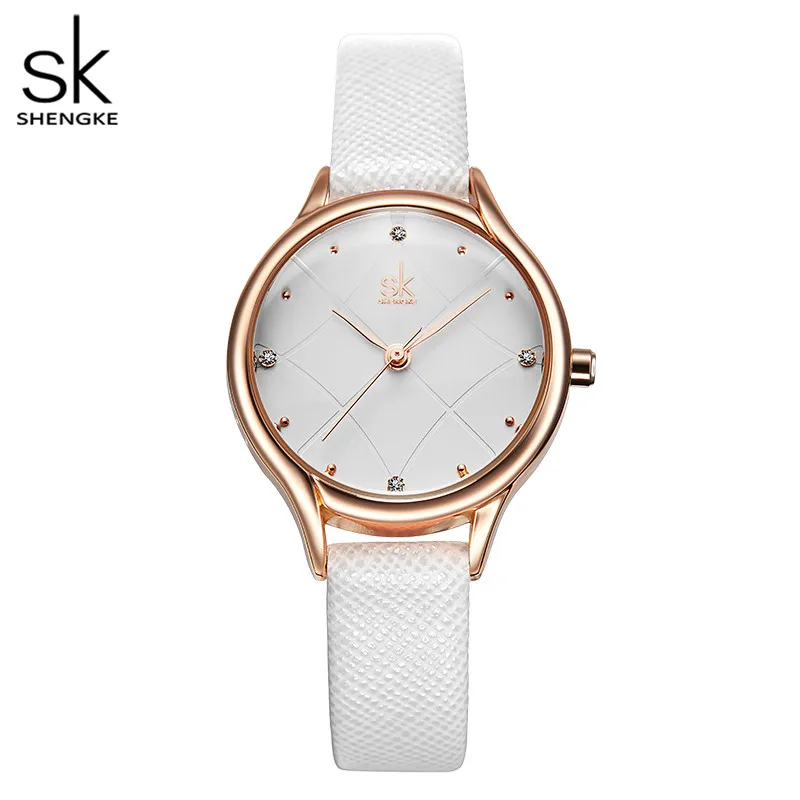 Shengke Women's Watches Fashion Leather Wrist Watch Plaid Ladies Watch White Clock Reloj Mujer Bayan Kol Saati Montre Feminino