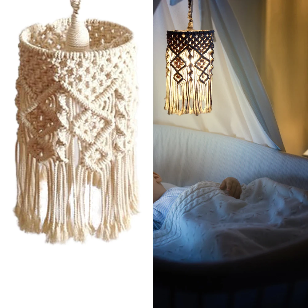 Nordic Style Hand-knitted Lampshade Macrame Hanging Lamp Decoration For Living Room Tassel Cotton Rope Woven Lampshade Tapestry