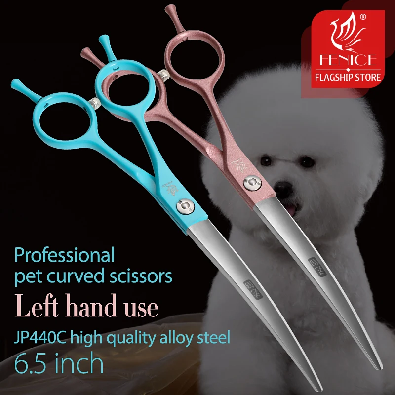 Fenice 6.5 inch Left Handed Scissors Pet Dog Grooming Curved Scissors JP440C Stainless Steel Pink/Blue