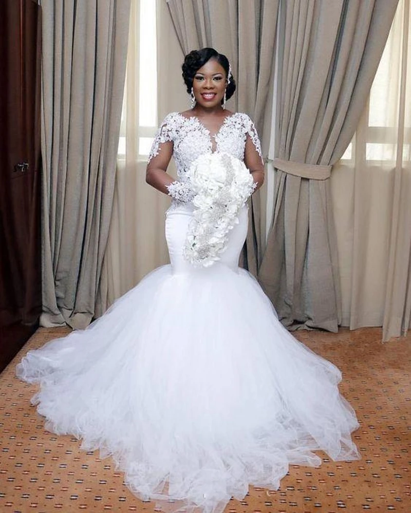 

2025 Nigeria Lace Mermaid Wedding Dress Applique African Bridal Gown Plus Size Sheer Long Sleeves Sexy Bride Robes De Mariage