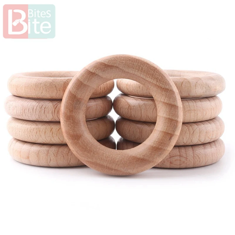 Bite Bites  10pc 40mm-70mm Beech Wooden Ring Baby Teether Baby Gym Ring BPA Free Wooden Blank Nursing Bracelet Children'S Goods