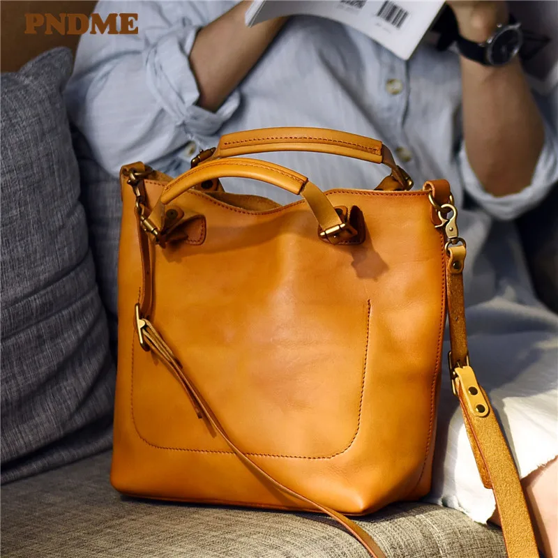 PNDME fashion genuine leather ladies handbag casual simple vintage high quality cowhide luxury women\'s shoulder messenger bags