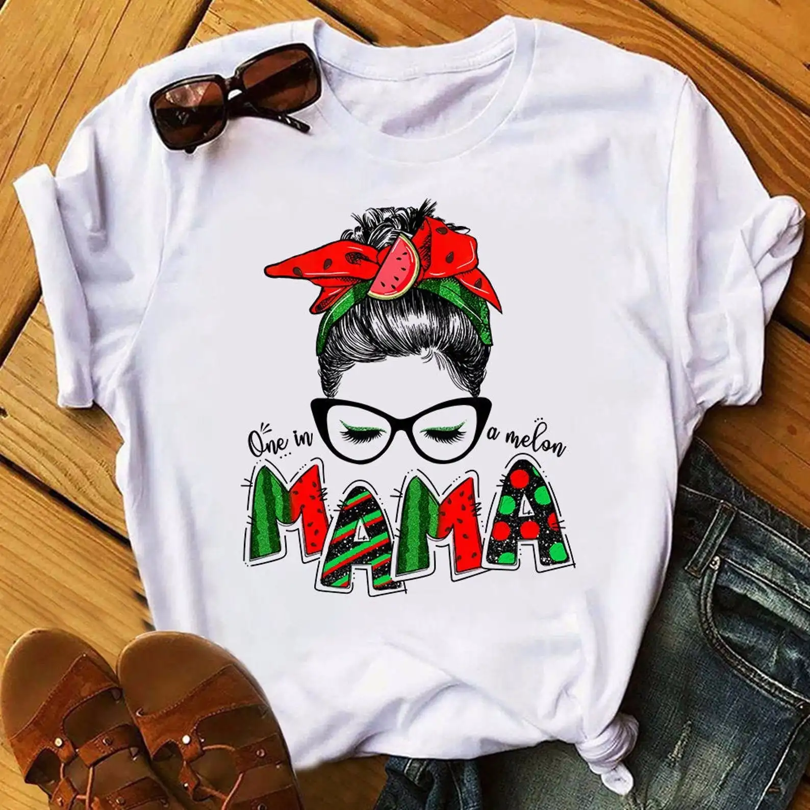 Mom Watermelon Print Harajuku Top Women T-shirt Casual Basic O-collar Ladies Short Sleeved Women T-shirt Girl,Drop Ship