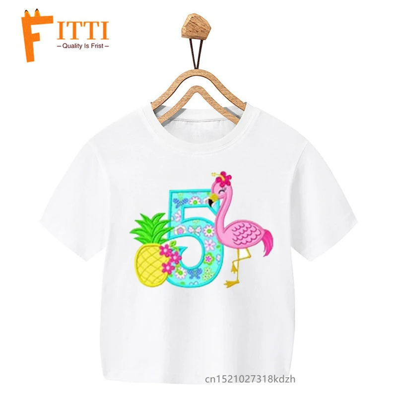 Flamingo Pineapple Numbers Flower Print Girl White T-shirt Kid Summer Kawaii Funny Clothes Little Baby Y2K Clothes,Drop Ship