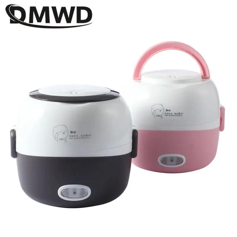 DMWD MINI Rice Cooker Thermal Heating Electric Lunch Box 1/2 Layers Portable Food Steamer Cooking Container Meal Lunchbox Warmer