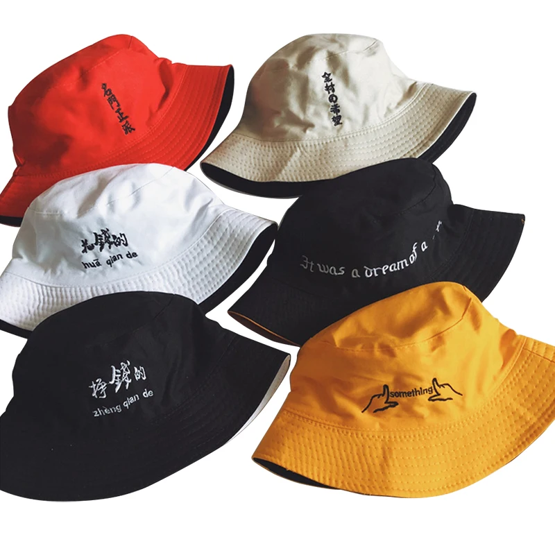 1PC Double Sided Wear Finger Something Embroidery Panama Bucket Hat Men Women Summer Bucket Cap Hip Hop Hat Fisherman Hat