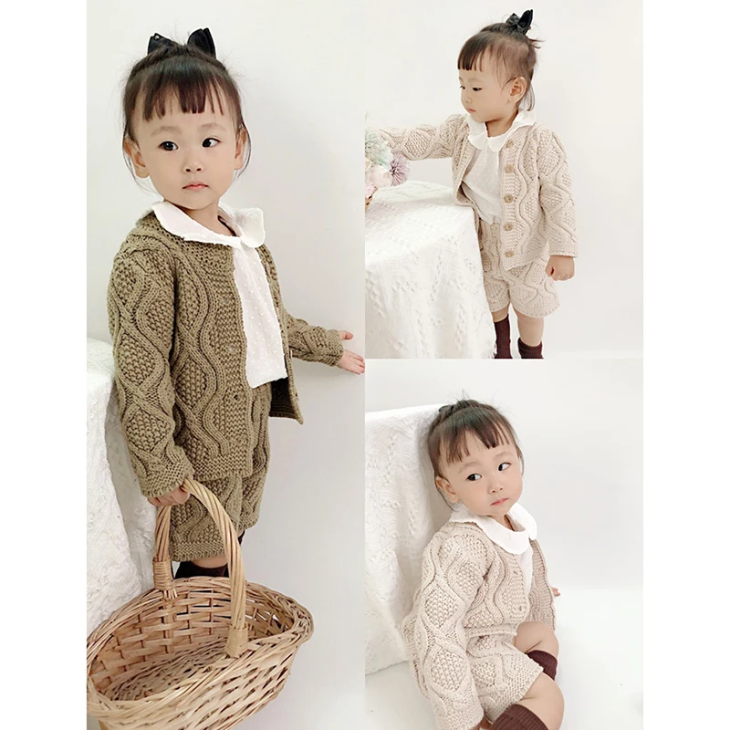 Autumn Winter Baby Knitted Twist Suit Children Clothing Boys Girls Baby Knit Sweater Cardigan + Shorts Suit Baby Clothes Suit