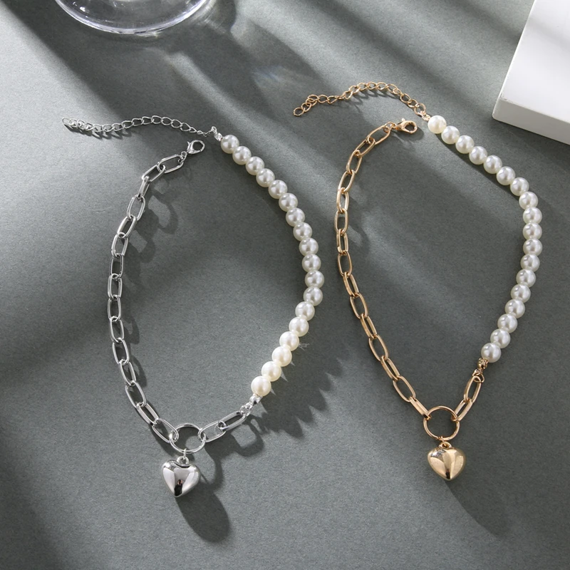 KISS WIFE Goth Pearl Choker Necklaces Heart Pendants Women Jewelry On The Neck Chain Beads Necklace Collar For Girl Kpop Trendy