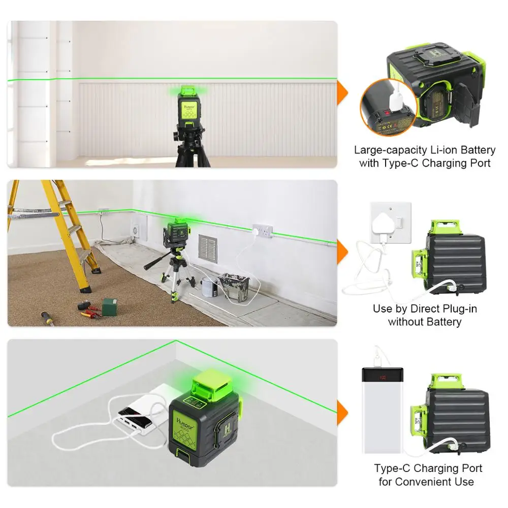 Imagem -04 - Huepar 2x360 Linha Cruzada Auto-nivelamento do Nível do Laser Verde Feixe de Bateria Li-ion com Tipo-c Porta de Carregamento & Hard Carry Case