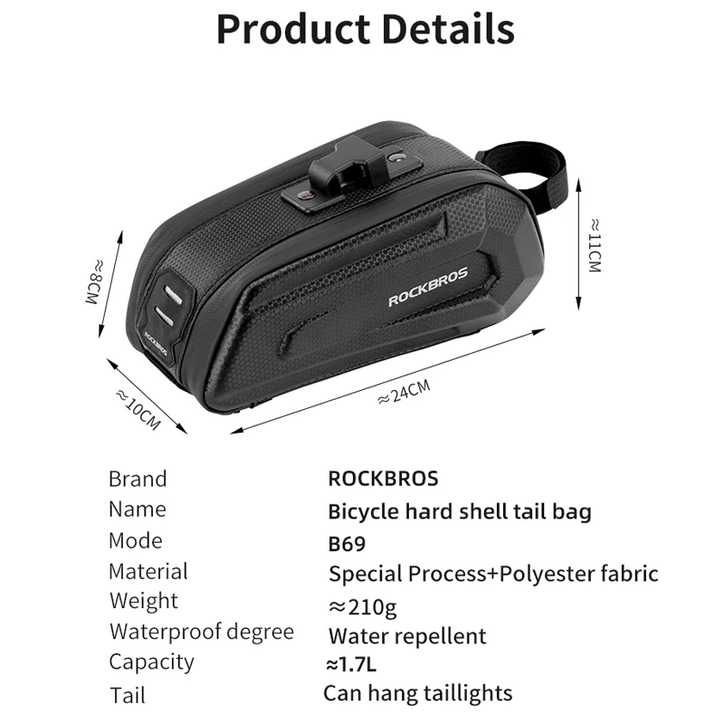 ROCKBROS1.7L Bicycle Bag Waterproof Rear Large Capatity Quick Release Seatpost Shockproof Double Zipper Rear Bag Accessories