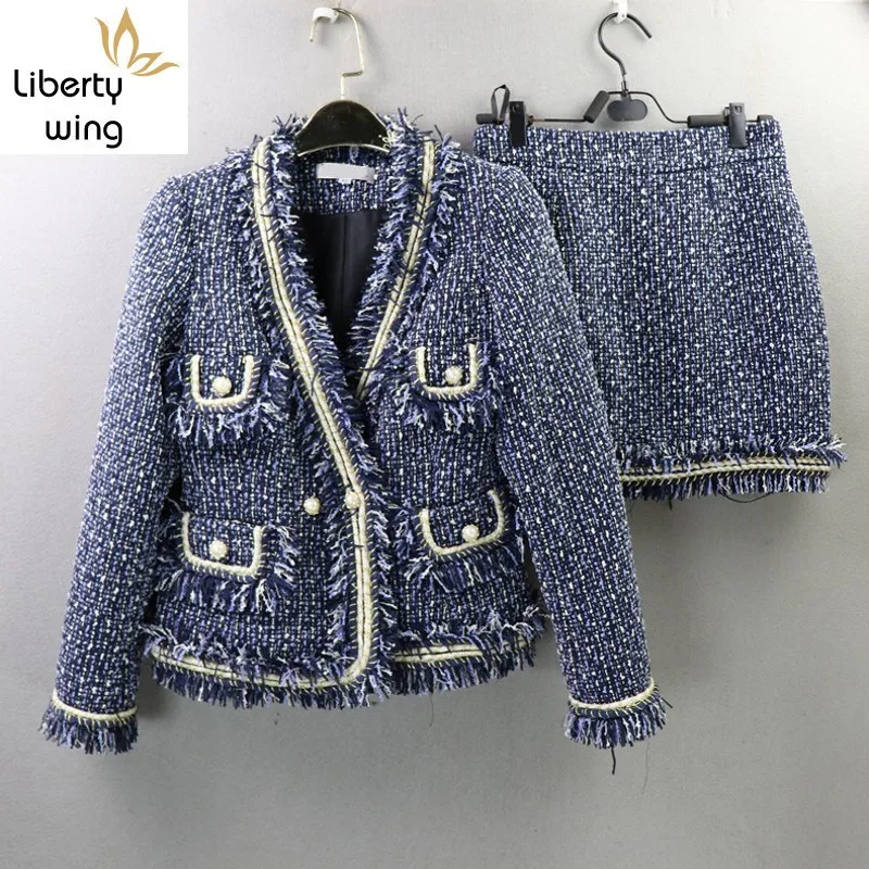 High Quality Brand Women Fashion Tweed Tassel Jacket A Line Two Piece Outfits Business Office Lady Skirt Set XS-XL