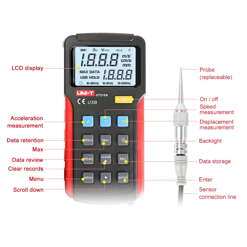 UNI-T UT315A اختبار الاهتزاز الرقمي تسارع الاهتزاز سرعة الإزاحة قياس USB توصيل الكمبيوتر لينة