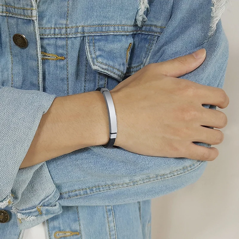 Simple Engraving ID Men Bracelet For Classic Male Leather Stainless Steel Bracelet Unique Unisex Custom Gift