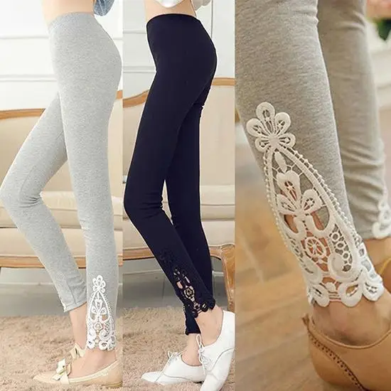 Women Lace Flower Fitness Pant Leggings Slim Elastic Ankle Length Trousers