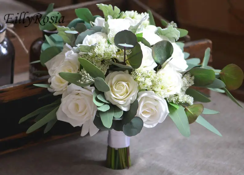 

EillyRosia Natual White Green Country Wedding Bouquet Artificial Roses Eucalyptus Chrysanthemum Lace Flower Bride Bouquet