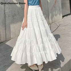 Qiukichonson-faldas largas de gasa con volantes para mujer, Falda Midi de cintura alta con costuras, a la moda, color blanco y negro, Verano