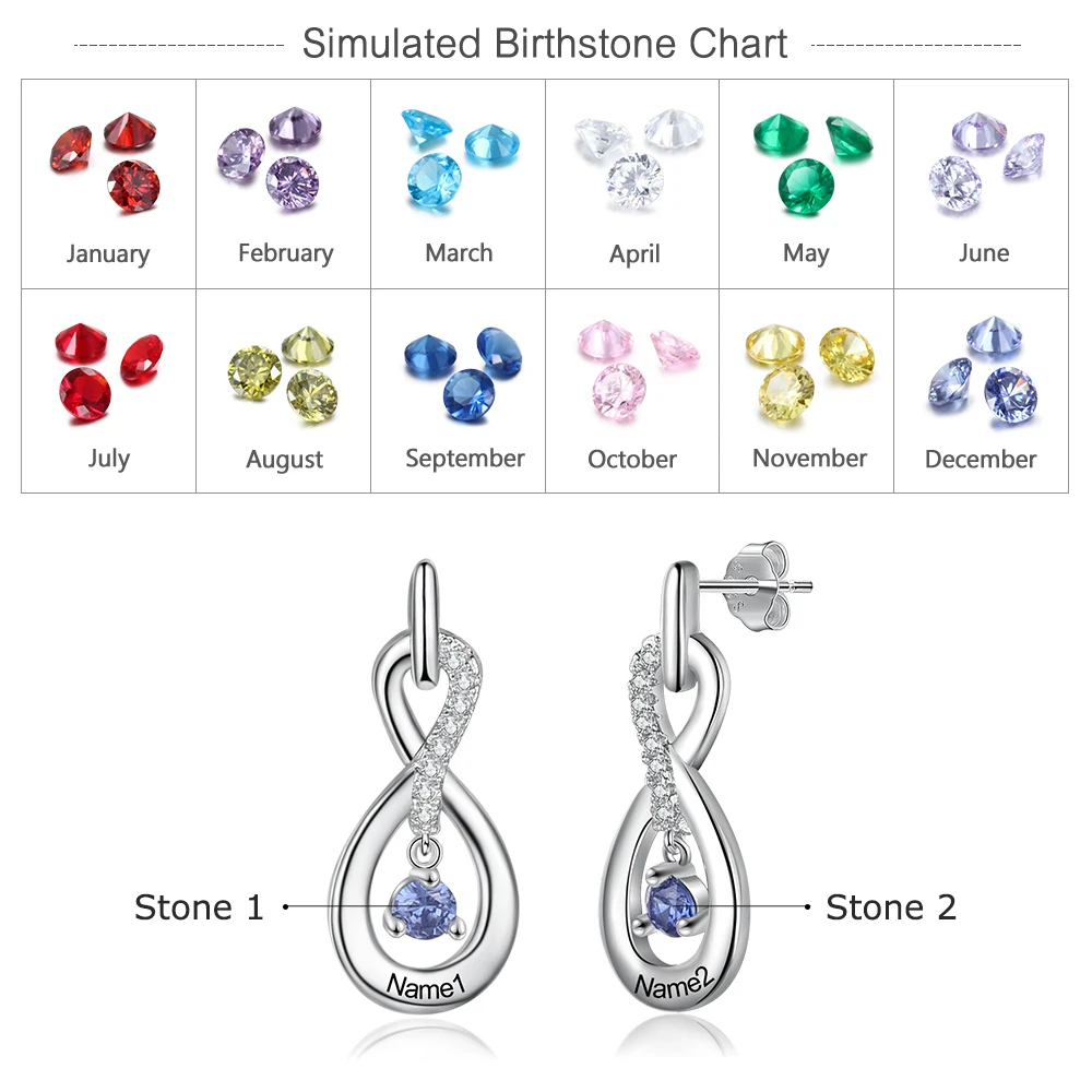 JewelOra Personalized Gifts Silver Color Infinity Name Earrings Customized DIY Birthstone Engraved Drop Earrings for Women