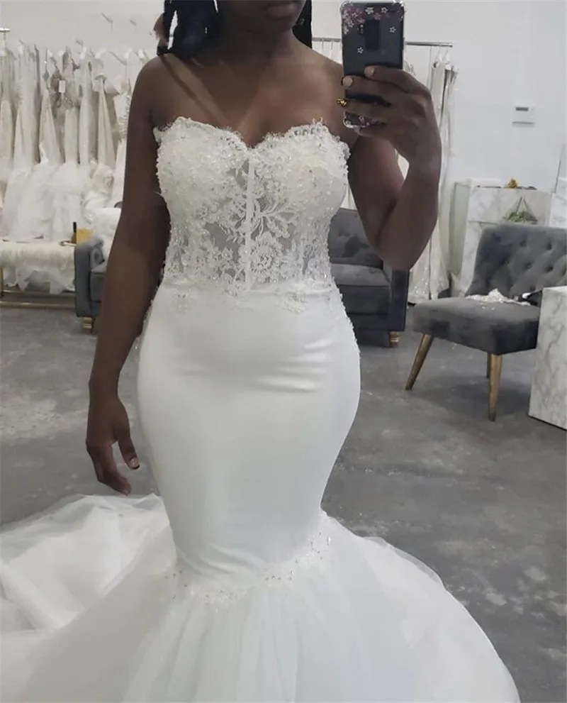 E Jue Shung Afrikaanse Mermaid Trouwjurken Sweetheart Met Kralen Kant Applicaties 2020 Lace Up Back Bridal Jurken Voor Vrouwen