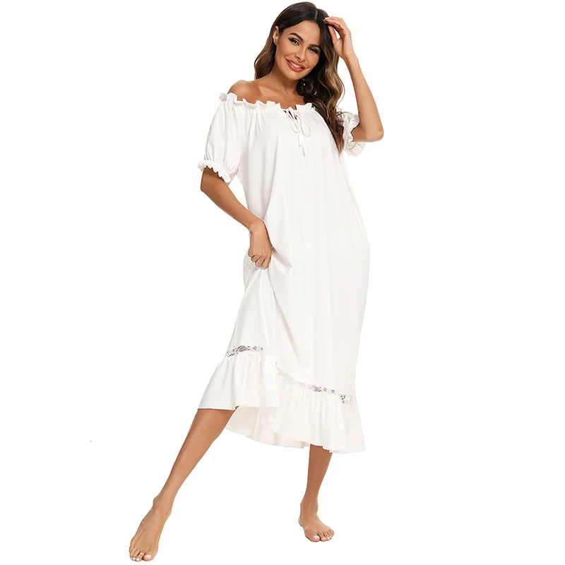 Sleepwear Nighty Woman Autumn Nightgown White Pink Nightdress Leisure Fashion Long Vintage Home Dress Ladies Nightwear Boat Neck