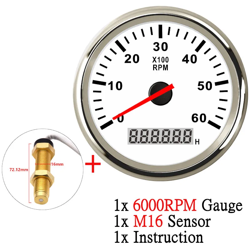 Kundenspezifischer 12 V 24 V Auto-Drehzahlmesser, digitaler Tachometer, 6000 U/min, Marine-Drehzahlmesser mit Betriebsstundenzähler, 85 mm Auto-Messgerät mit M16-M18-Sensor