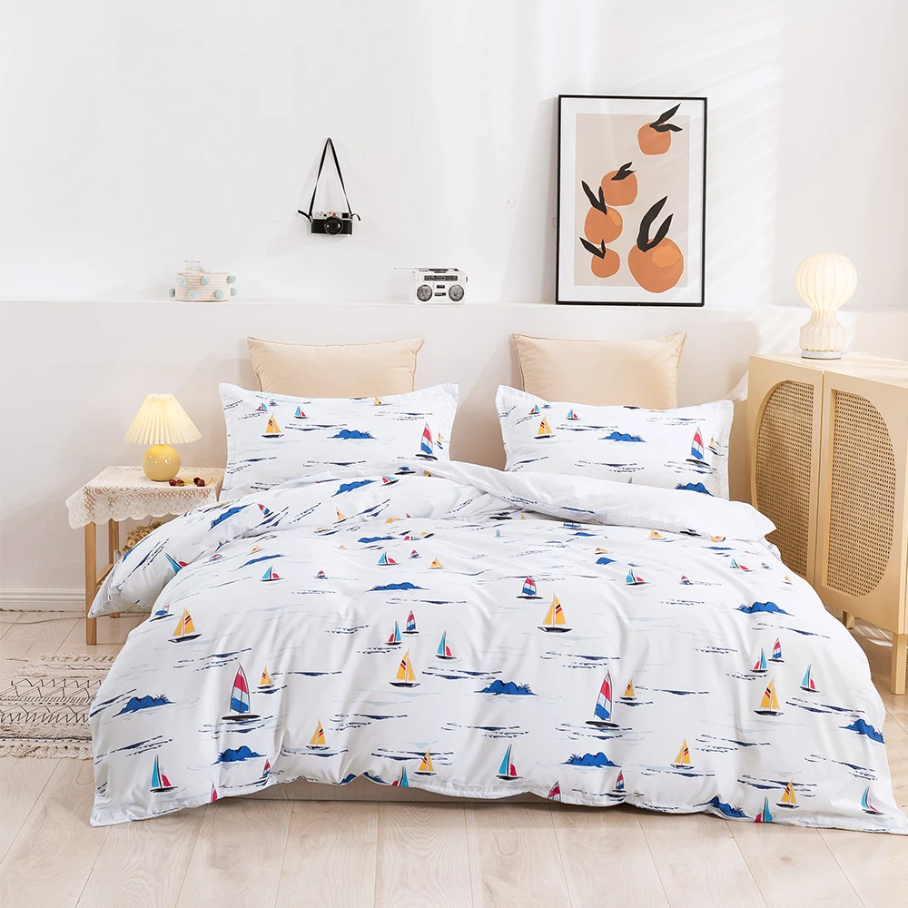 Nautical Bedding Set, Sailboat Print Duvet Cover for Kids Boys Teens, Cute Sailboat Comforter Cover Queen Size Beach Style