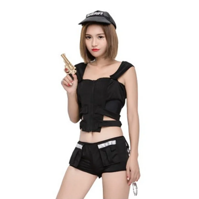 Tight Black Top And Shorts Female Policewoman Cosplay Women Halloween Police Costumes Nightclub Bar SWAT Role Play Party Dress