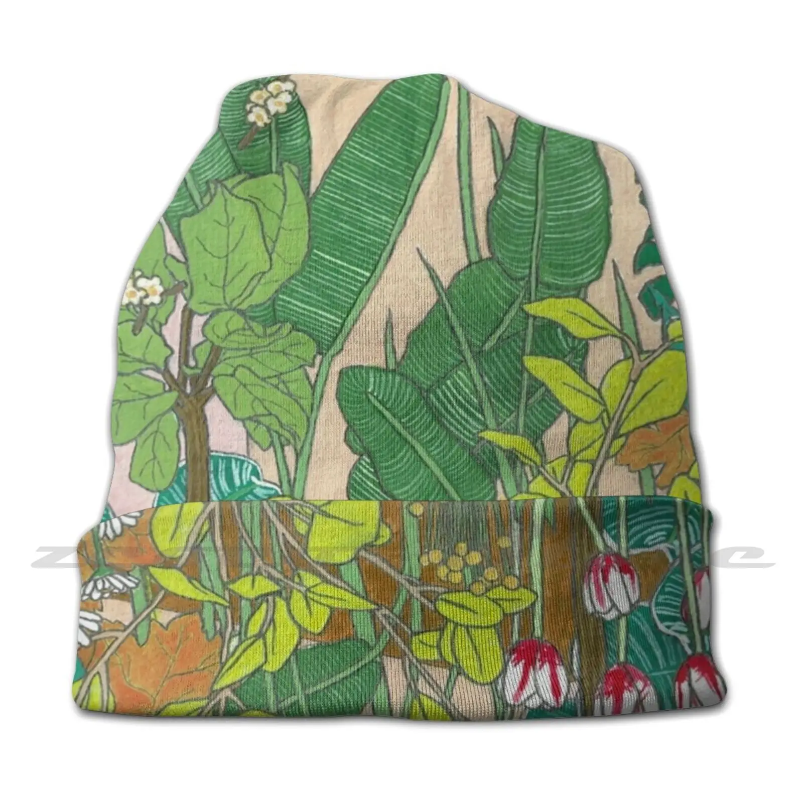 Botanical Garden Knit Hat Elastic Soft Personalized Pattern Present Cap Botanical Garden Flowers Nature Plants Tulips Daisies