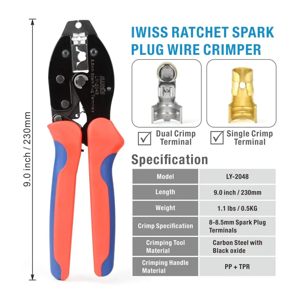 LY-2048 Ratchet Spark Plug Plier Crimping Tool 8.5mm IWISS Wire Crimper for Spark Plug Ignition Wire and Terminals Dia. 8.5mm