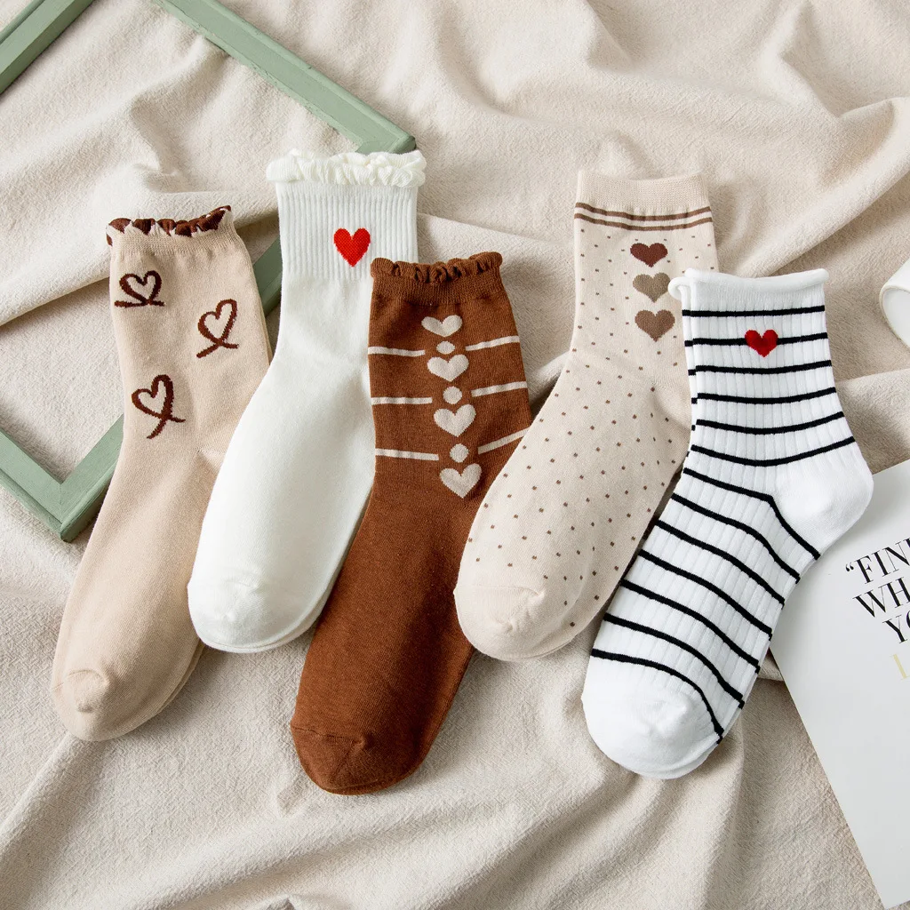 Draw A Little Red Cute Love Heart Socks Stringy Fold Curl Edge Wave Point Stripe Streak Kindness Polka Dot Stripes Coffee Brown