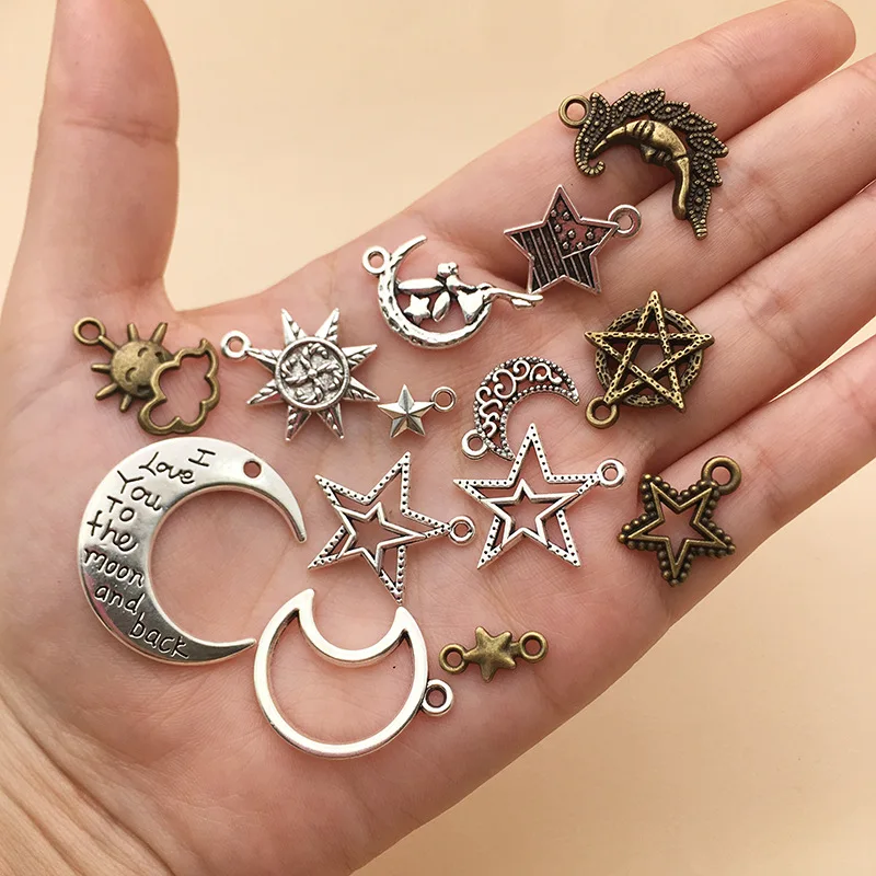 Vintage Mixed 20pcs/lot Crescent Sun Star Sky Metal Charms Pendants DIY Neacklace Bracelet Charms Jewelry Making Accessaries