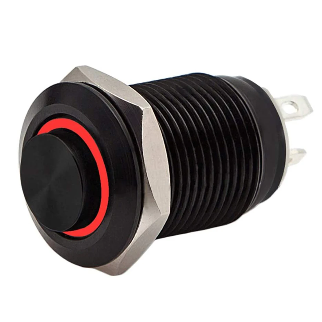 Przycisk 12 mm bez mocowania Natychmiastowy czarny aluminiowy pierścień ON OFF ON Podświetlany samochodowy przełącznik przyciskowy 3V 6V 12V 24V 110V 220V
