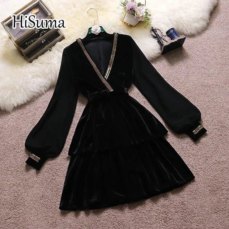 2024 winter new women's V neck layer ruffles sequins Velvet stitching chiffon A-line dress female elegant lace-up tiered dresses