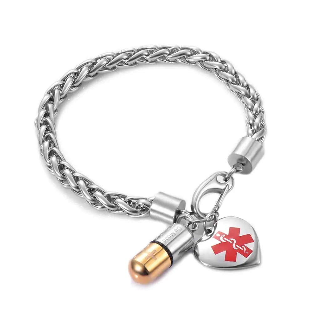 Dropship Custom Emergency Medical ID Alert Stainless Steel ID Tags Bracelet Pill Cylinder Holder Custom Medical Alert Bracelet