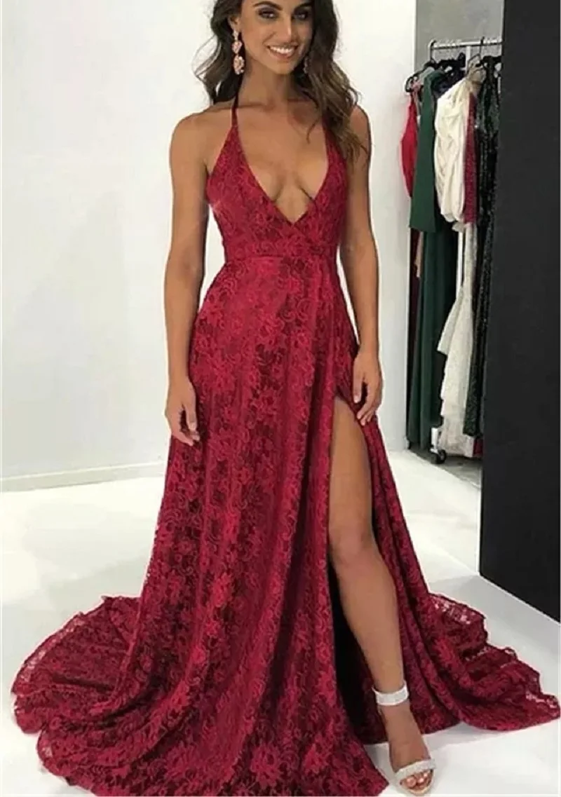 Myyble 2021 sexy profundo decote em v split varredura trem vestido de baile longo rendas alças de espaguete halter trem varredura sem costas vestido de noite