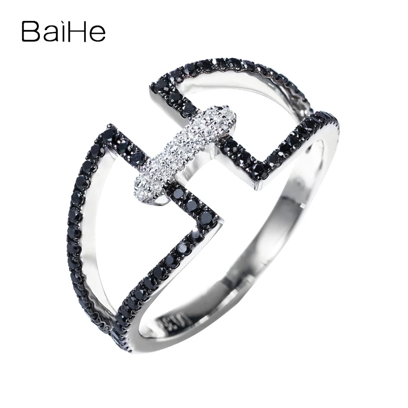 BAIHE Solid 14K White Gold H/SI White Black Diamond Ring Women Men Trendy Party Fine Jewelry Making Fáinne cincin rengas rengas