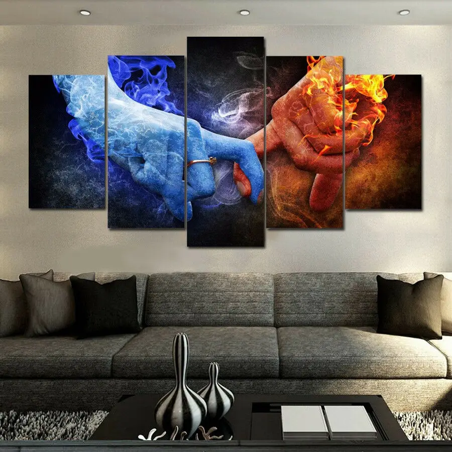 No Framed Canvas 5 Panel Fire Ice Hands Couple Lover Modular Cuadros HD Decorative Wall Art Posters Picture Home Decor Paintings