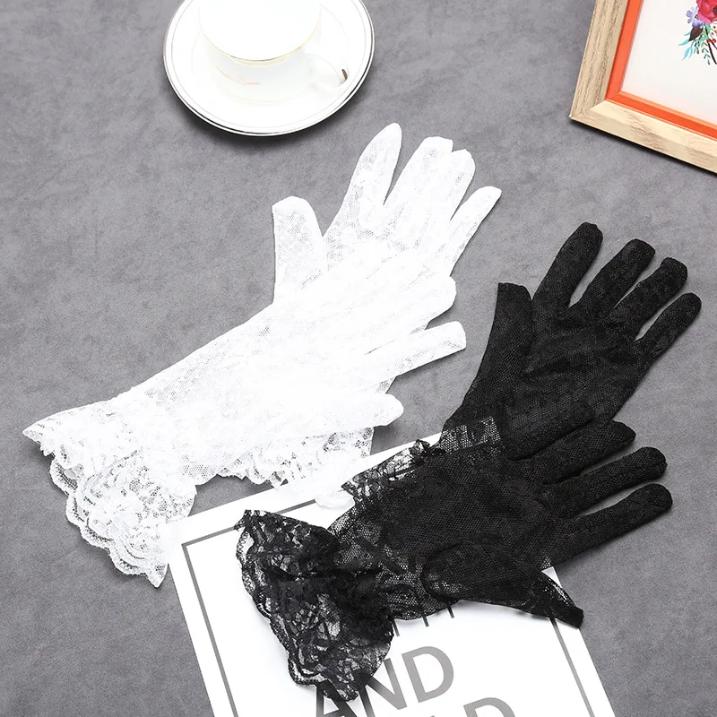 Guantes de encaje de moda Sheers para mujer, guantes de rejilla con lazo, guantes de conducción de dedo completo para fiesta de niñas
