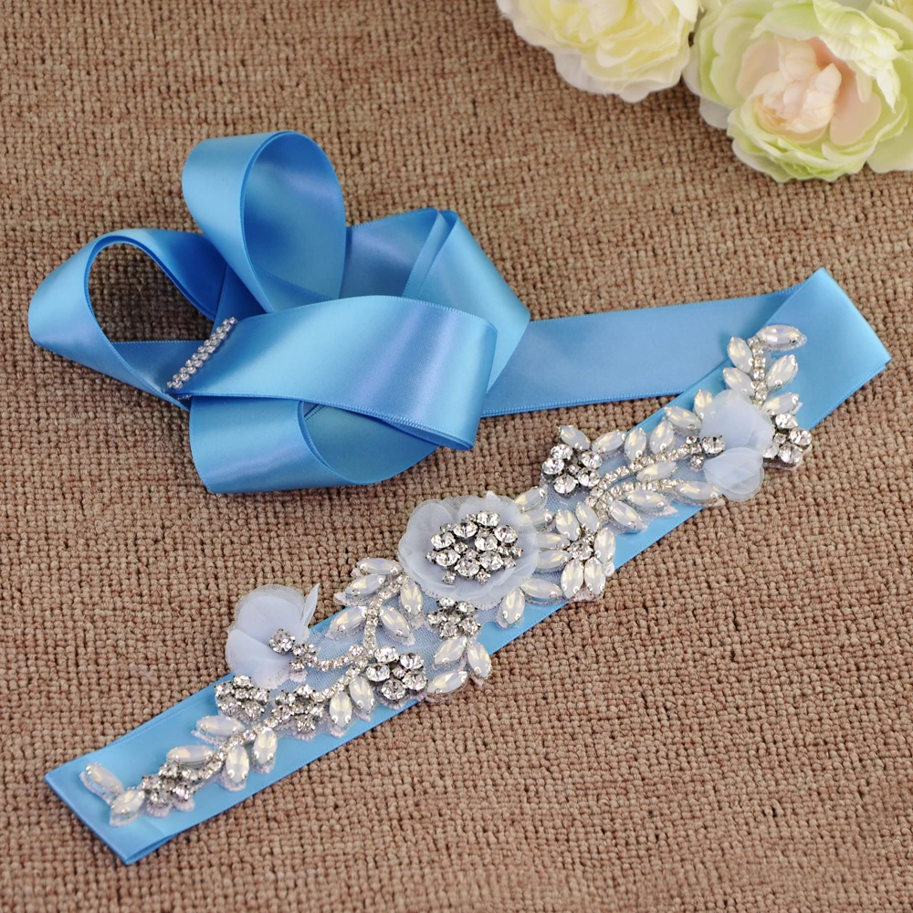 Lichtblauwe Bloemen Sjerpen Bruiloft Riemen Rhinestone Applique Bridal Riem Vrouwelijke Trouwjurk Riem Bloemen Moederschap Riem Voor Meisje