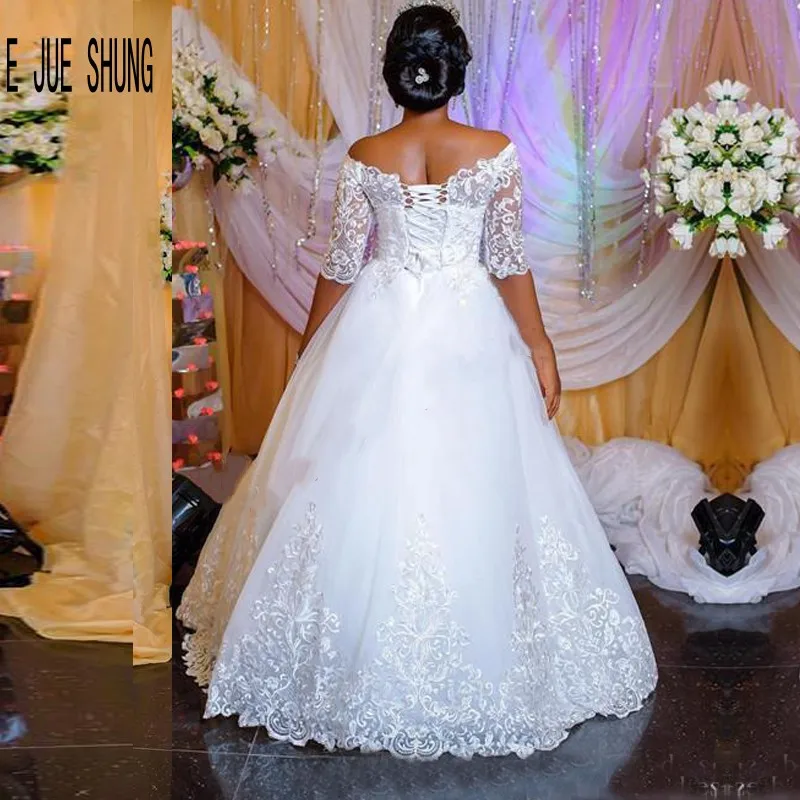 E JUE SHUNG White Embroidery Wedding Dresses Off The Shoulder Half Sleeves African Ball Bridal Gowns Lace Up Back