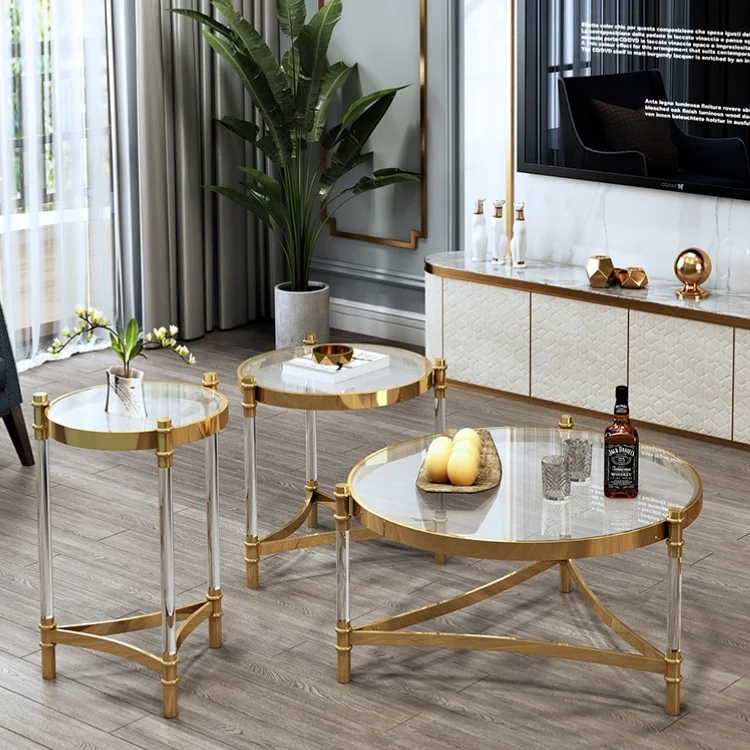 Transparent side table sitting room gold stainless steel light luxury round glass tea table