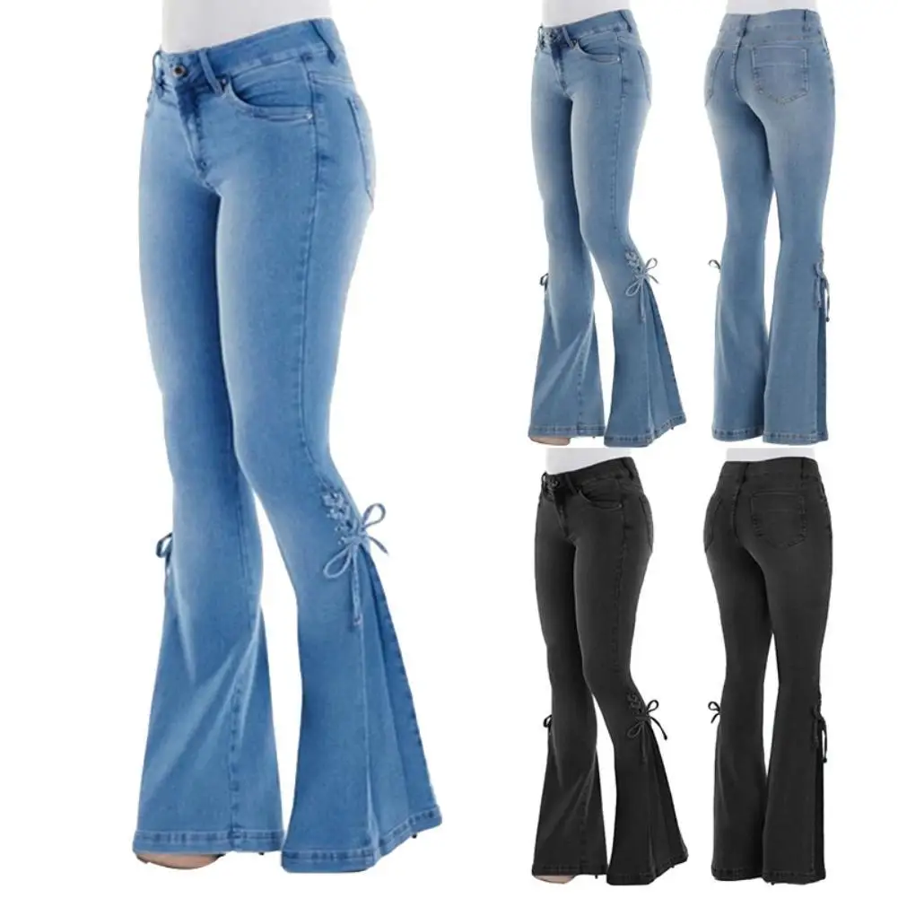 Vintage Denim Jeans Women High Waist Jeans Stretch Denim Flare Pants Trousers for Women Lace Up Bow Long Wide Leg Flare Jeans