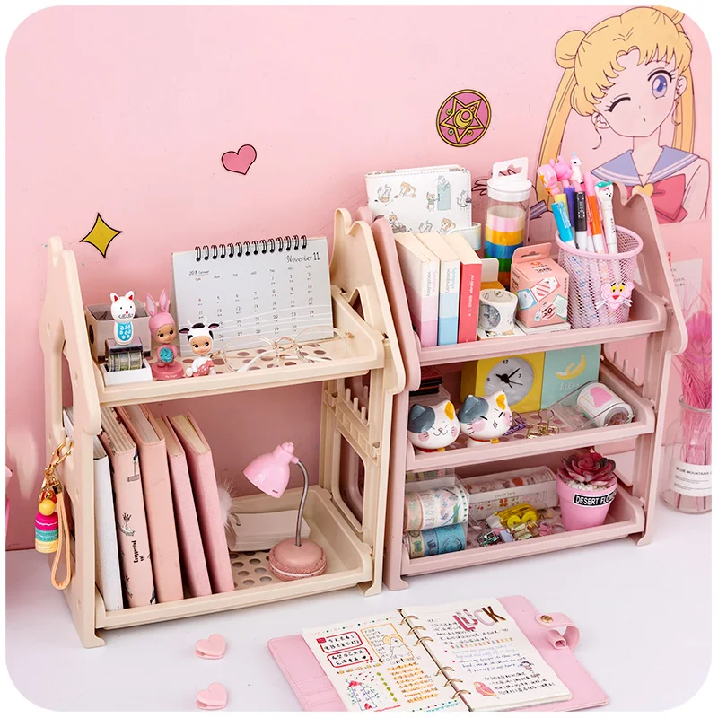 girl heart desktop shelf bookshelf cosmetic storage rack desk sorting debris storage rack kawaii supplies stationery organizer