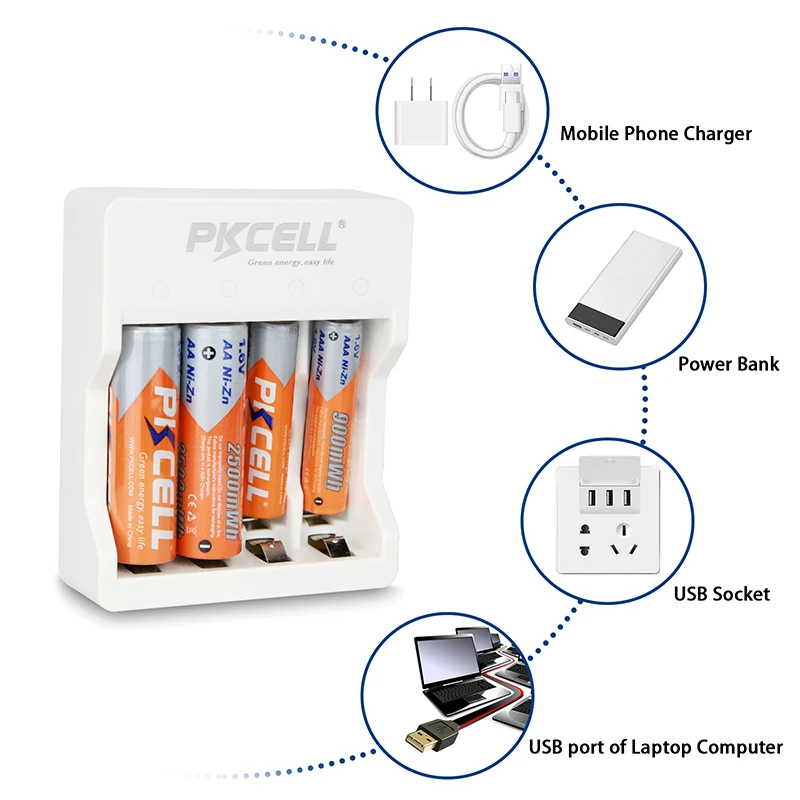 PKCELL 1.6V NIZN 충전기 8186 빠른 충전 충전기 AA/AAA NI-ZN 배터리 표시기 USB 케이블