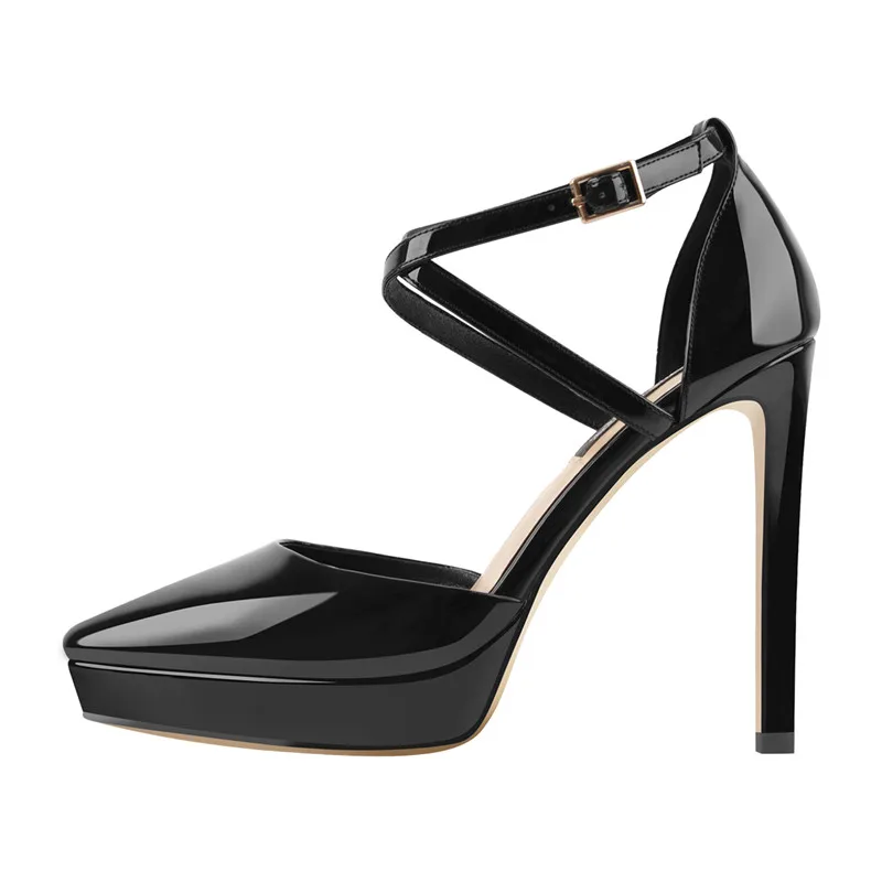 Onlymaker Women Pointed Toe Black Patent Leather Platform   Thin High Heels Criss Cross Buckle Strap Sandals Big Size