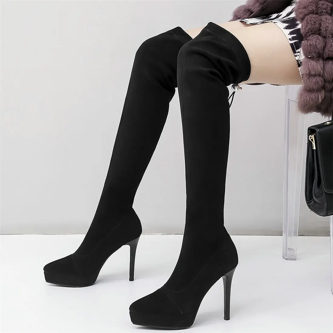 Women Genuine Leather High Heel Over The Knee High Boots Female Winter Stretchy Velvet Pointed Toe Platform Pumps Casual Shoes